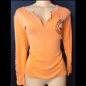 Harley-Davidson Orange Long Sleeve Henley with Skull Graphic